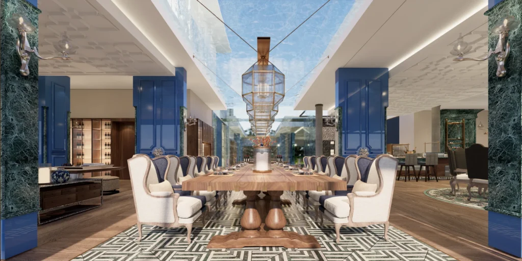 Opulent dining area featuring a massive custom wood table