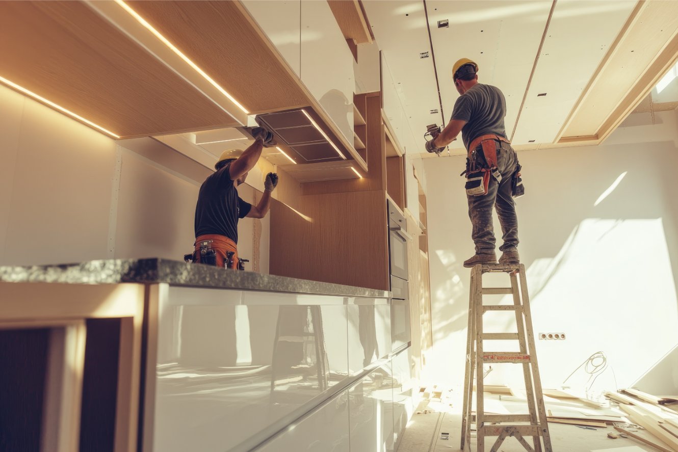 Two construction workers installing wooden cabinets in a modern kitchen remodel
