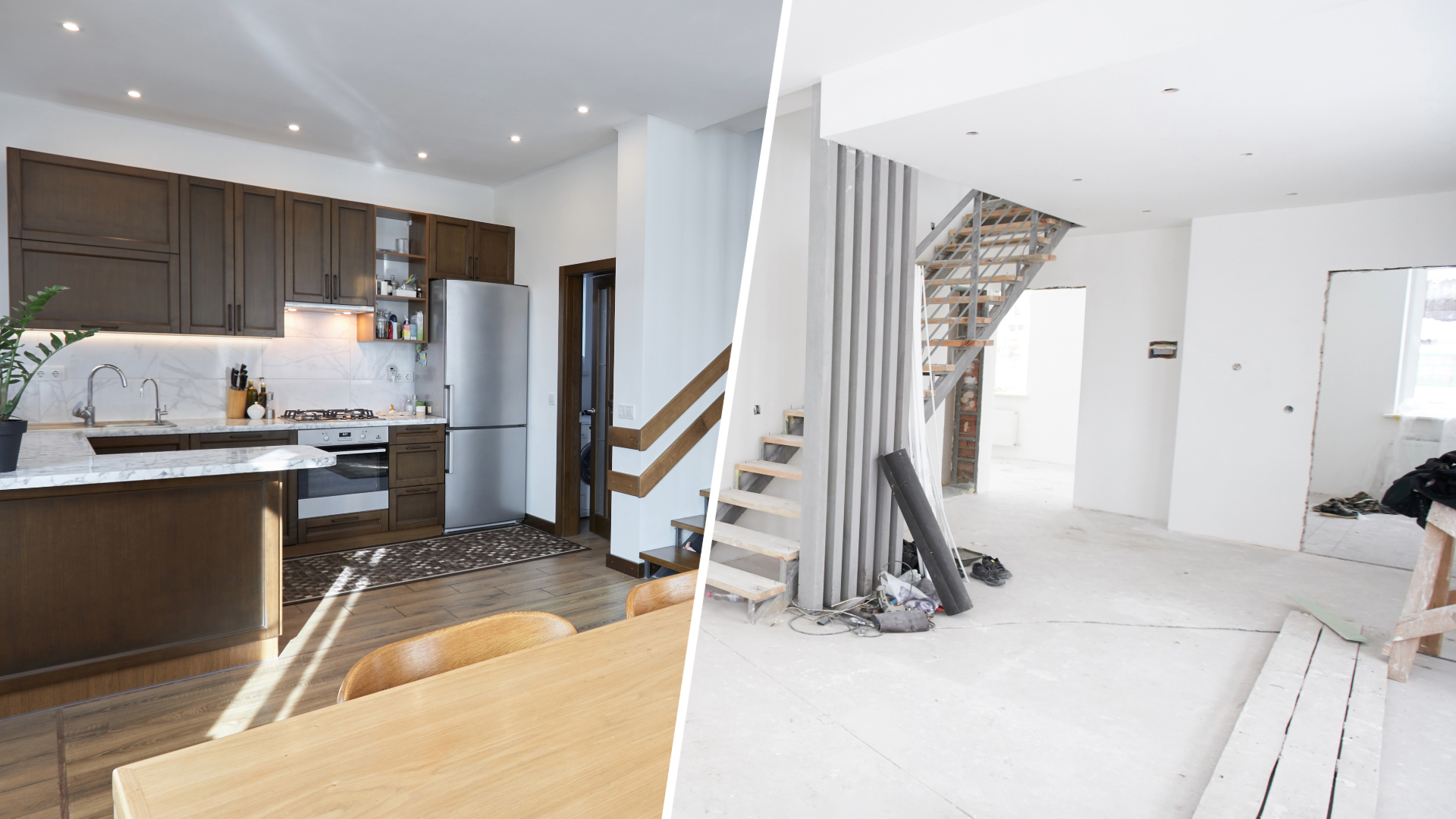 Side-by-side comparison of a completed, modern home interior vs an unfinished interior