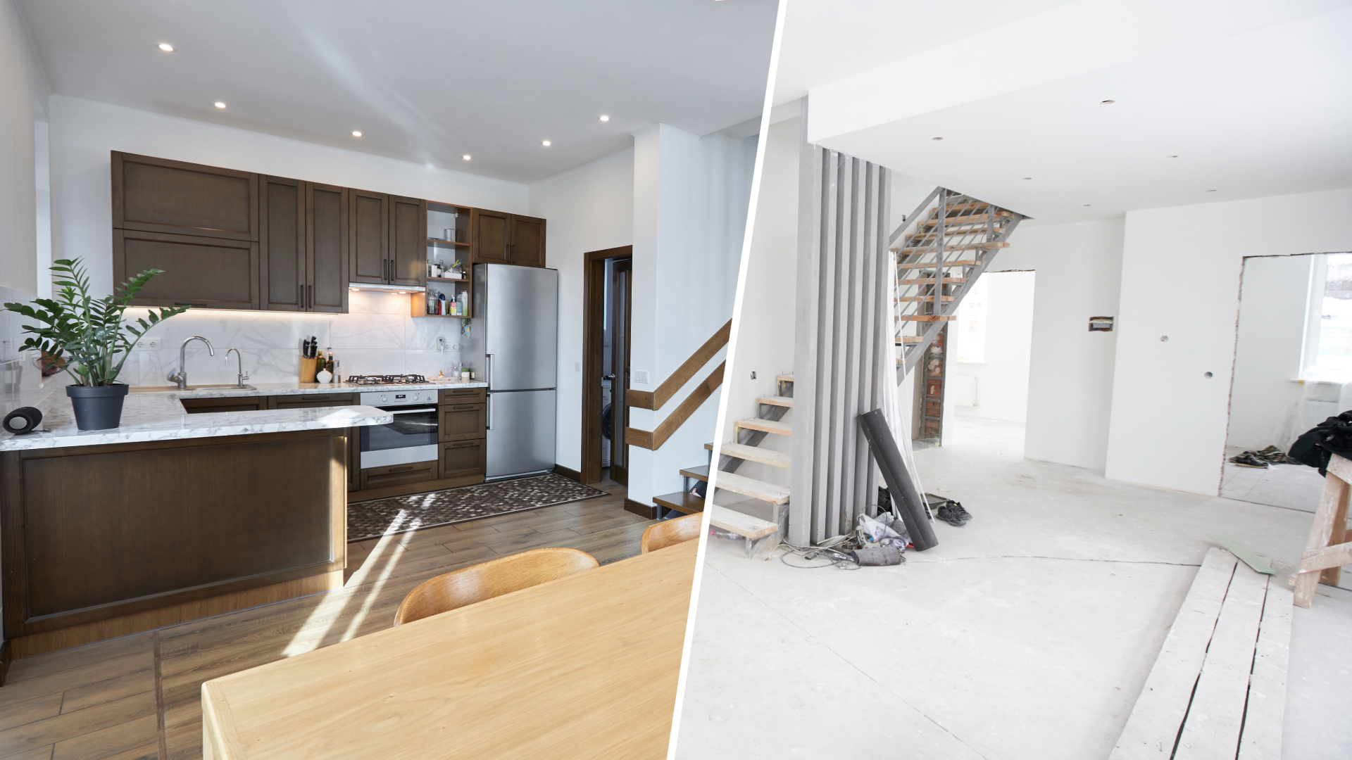 Before and after split image of a home renovation